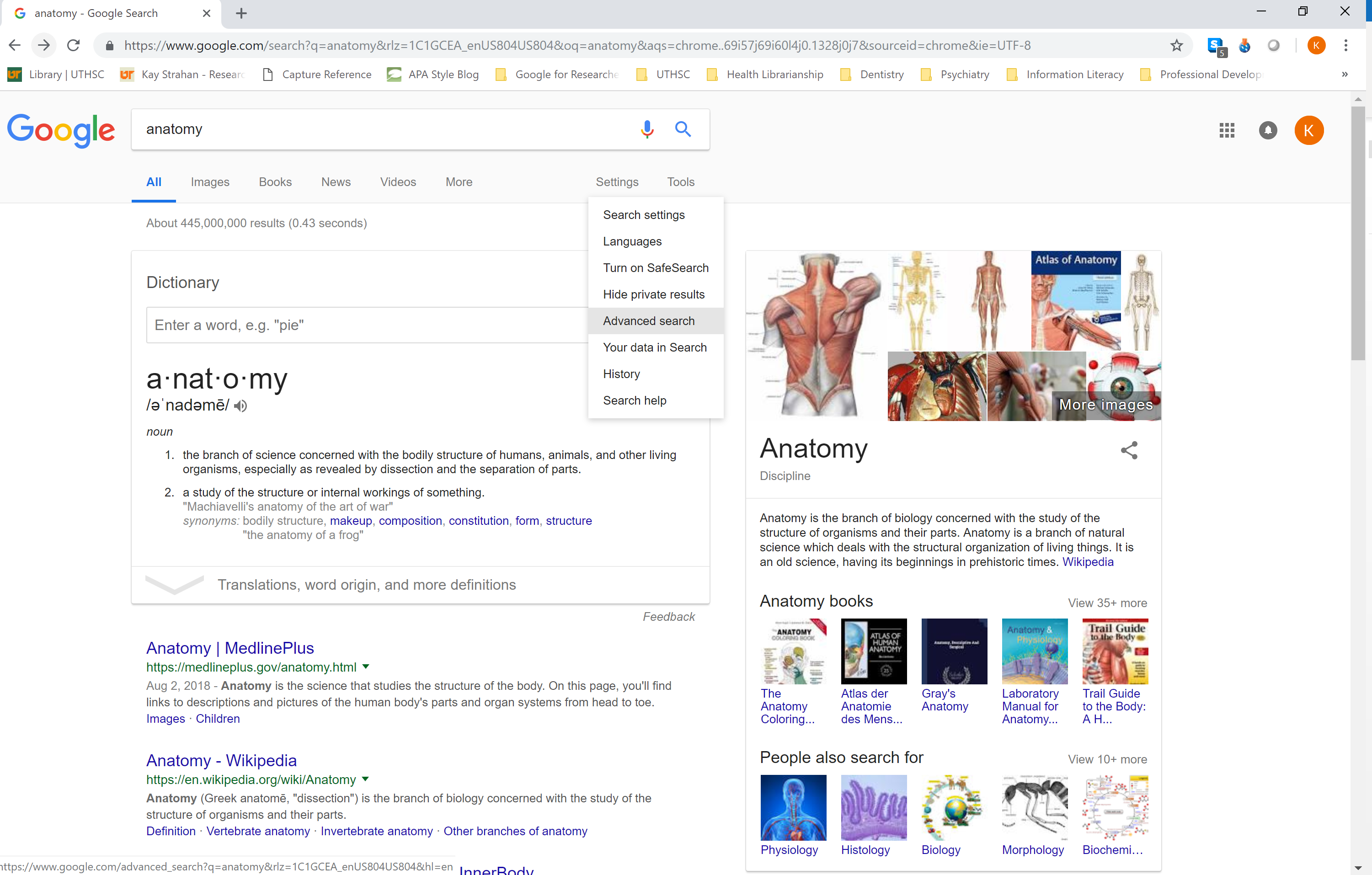 screenshot of basic google search screen with Settings open and Advanced Search highlighted