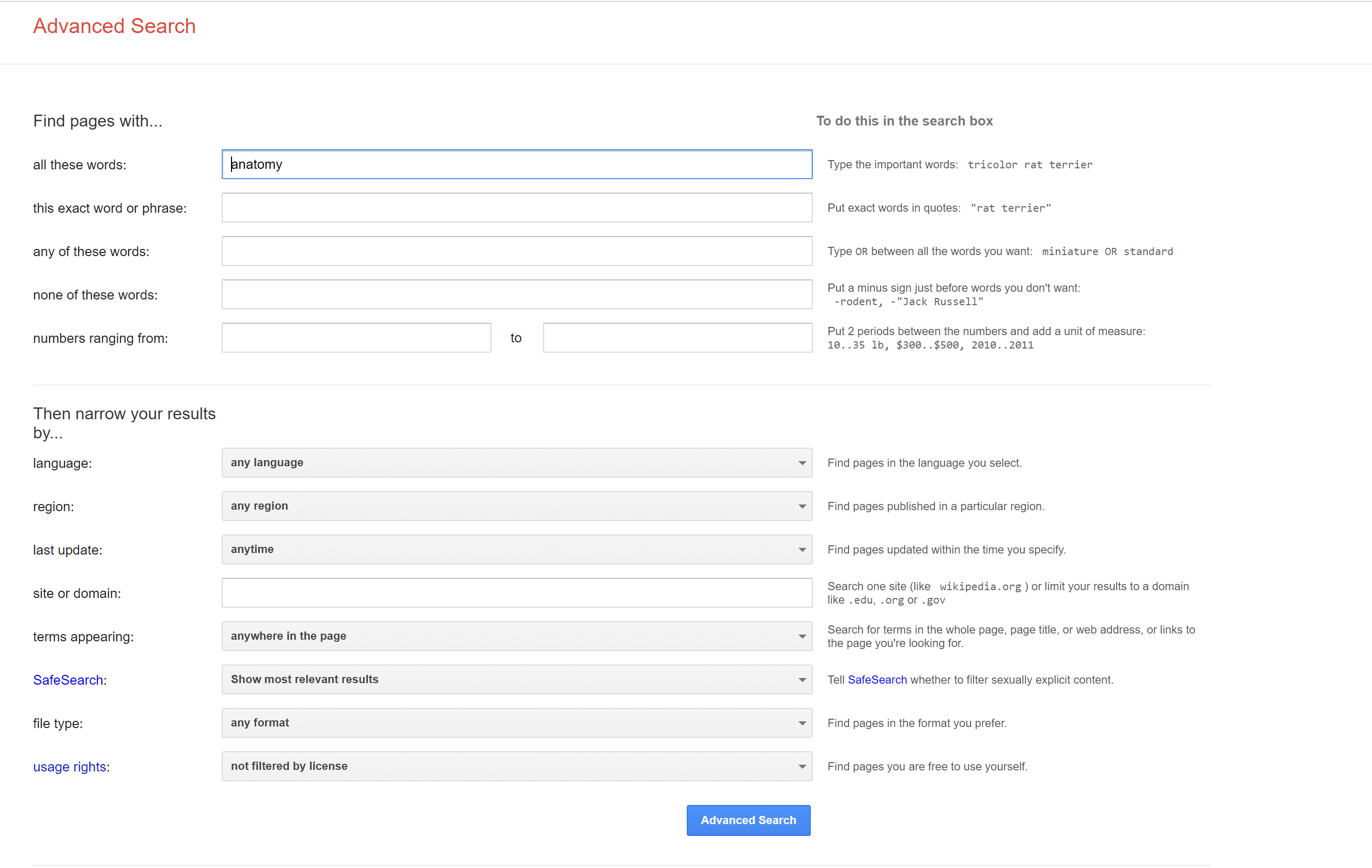 screenshot of Google's Advanced Search screen